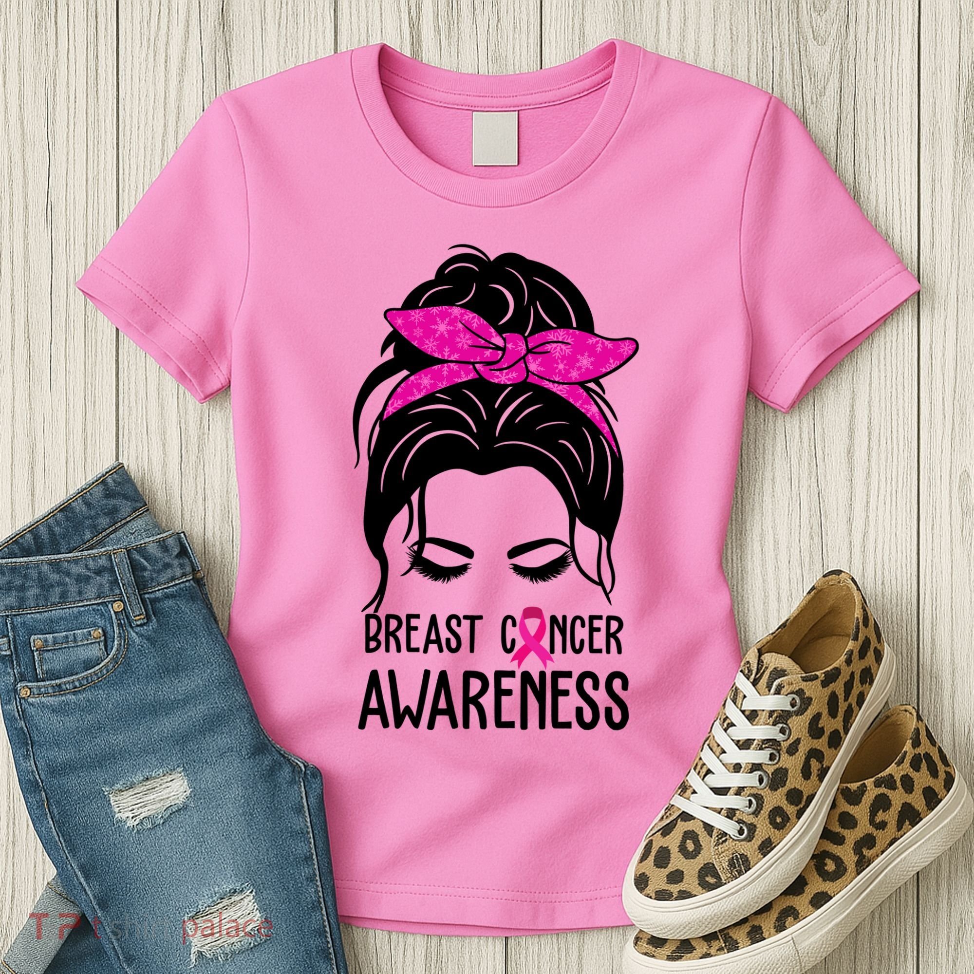 Breast Cancer Awareness Hair Bun Pink Ribbon Women's T-Shirt
