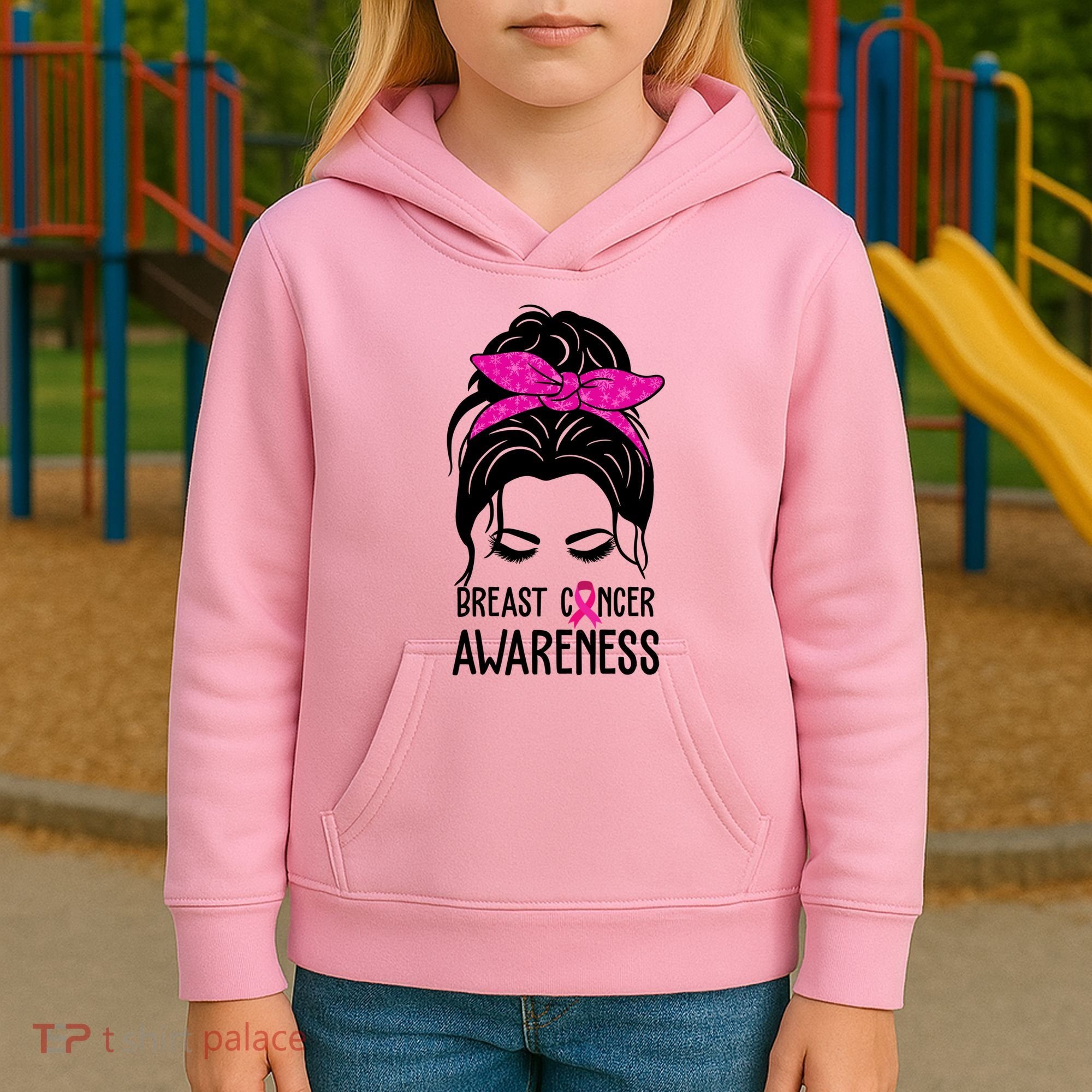 Breast Cancer Awareness Hair Bun Pink Ribbon Kids Hoodie