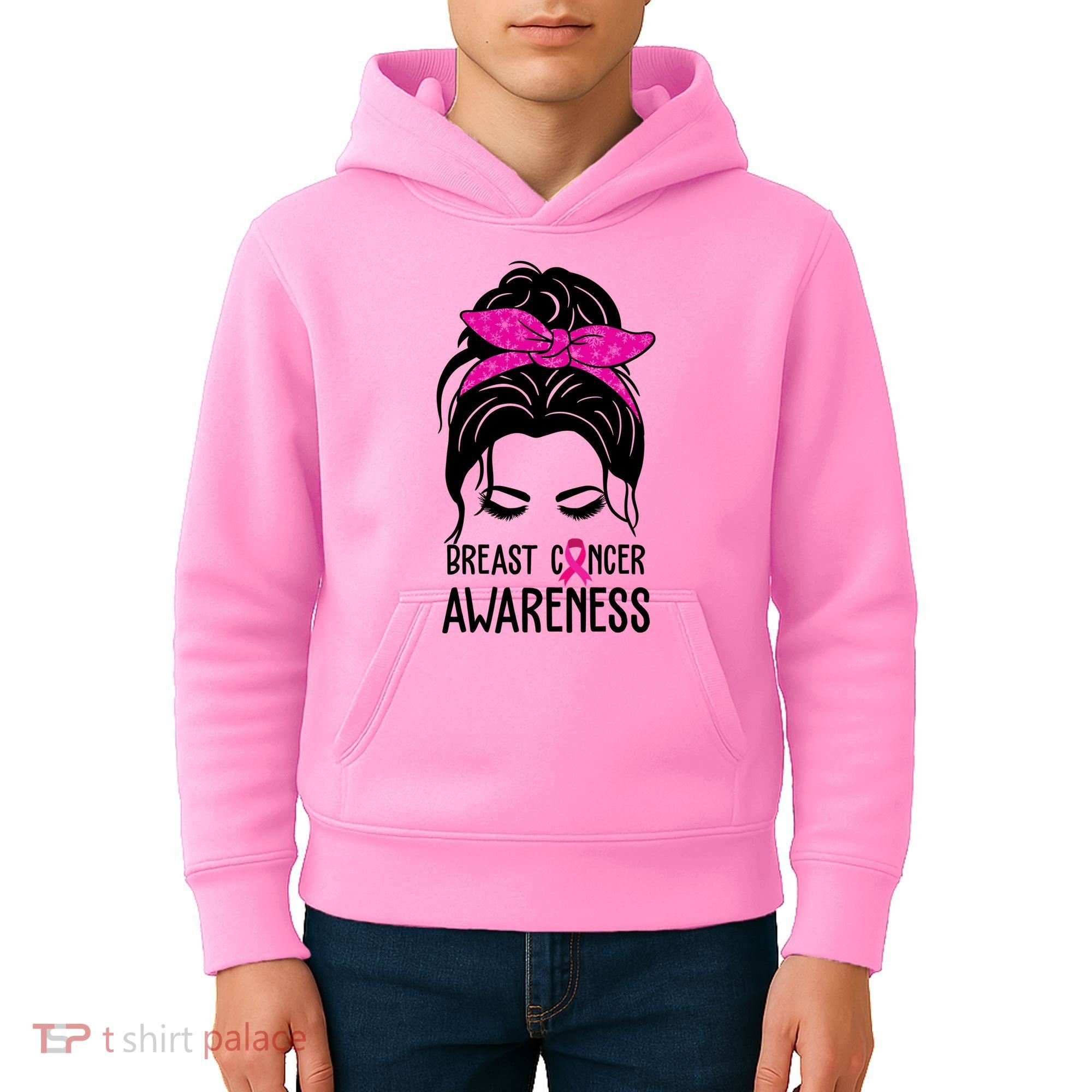 Breast Cancer Awareness Hair Bun Pink Ribbon Kids Hoodie