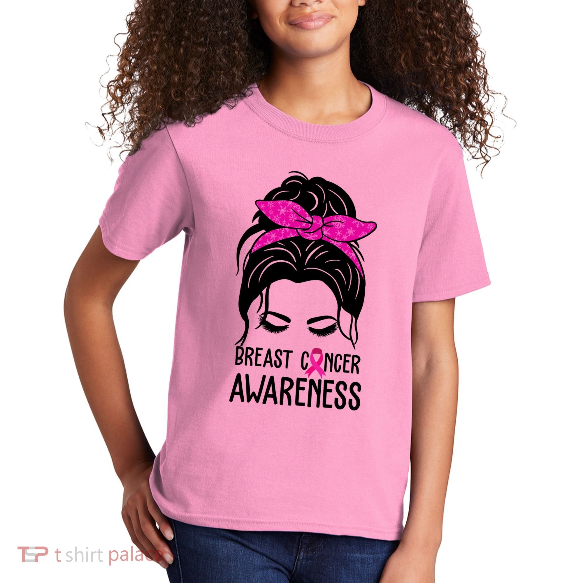Breast Cancer Awareness Hair Bun Pink Ribbon Kids T-Shirt