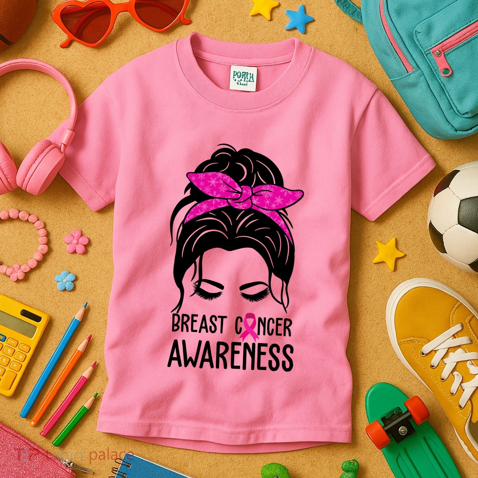 Breast Cancer Awareness Hair Bun Pink Ribbon Kids T-Shirt