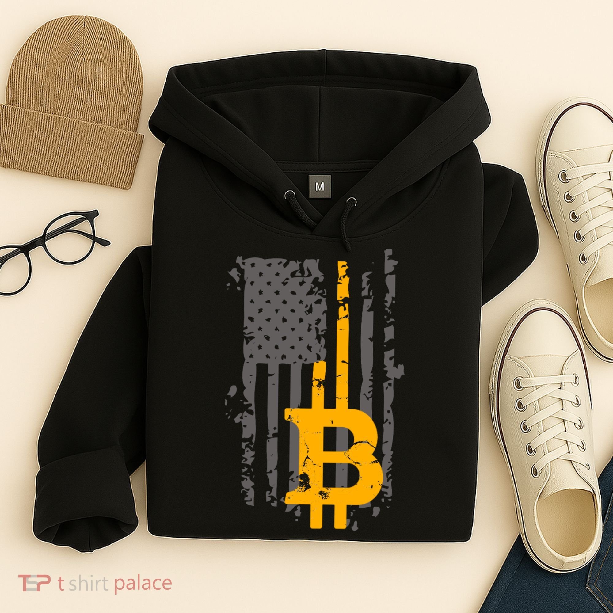 Bitcoin Crypto American Flag Gold Thin Line Hoodie