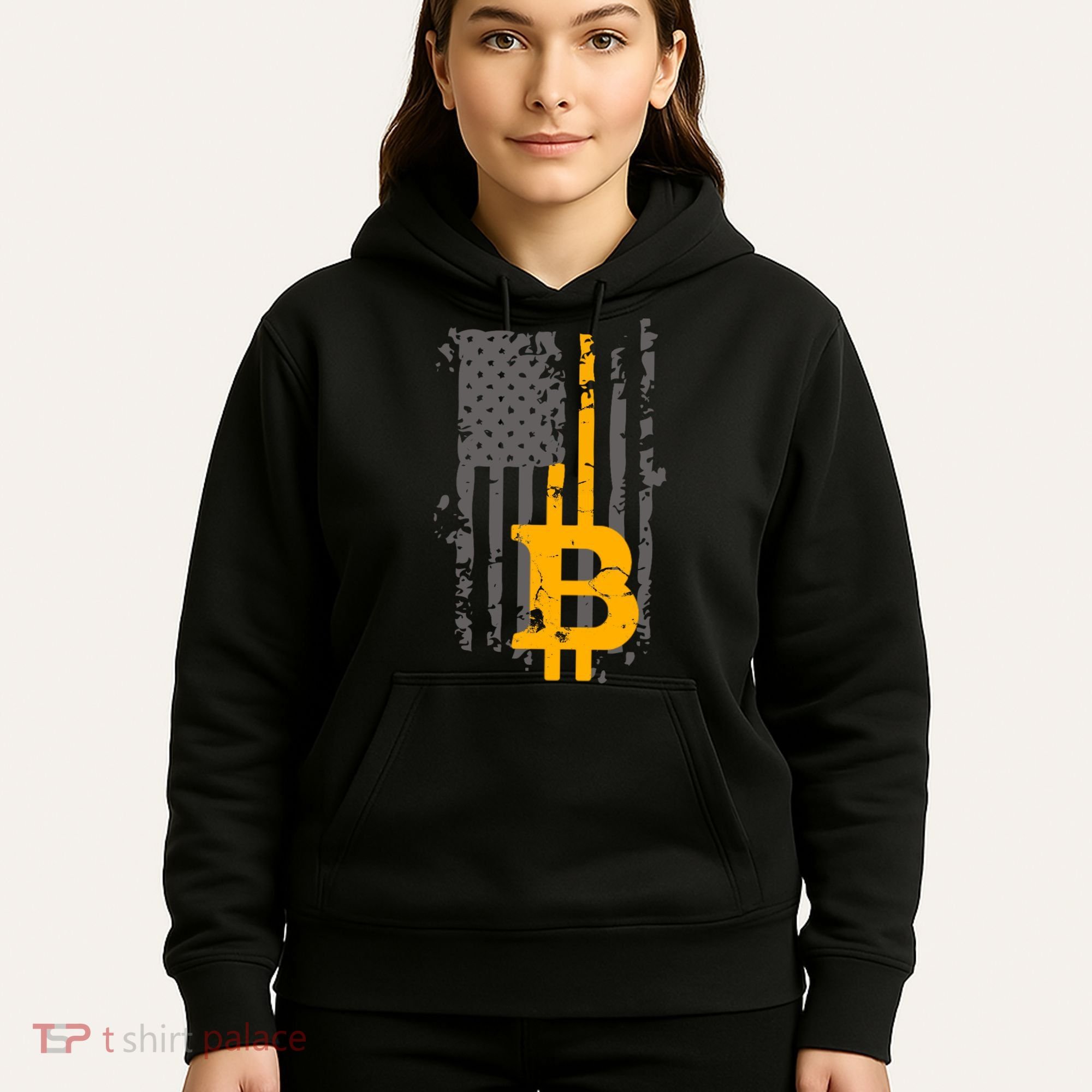 Bitcoin Crypto American Flag Gold Thin Line Hoodie