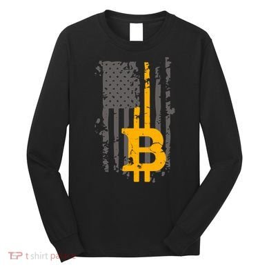 Bitcoin Crypto American Flag Gold Thin Line Long Sleeve Shirt