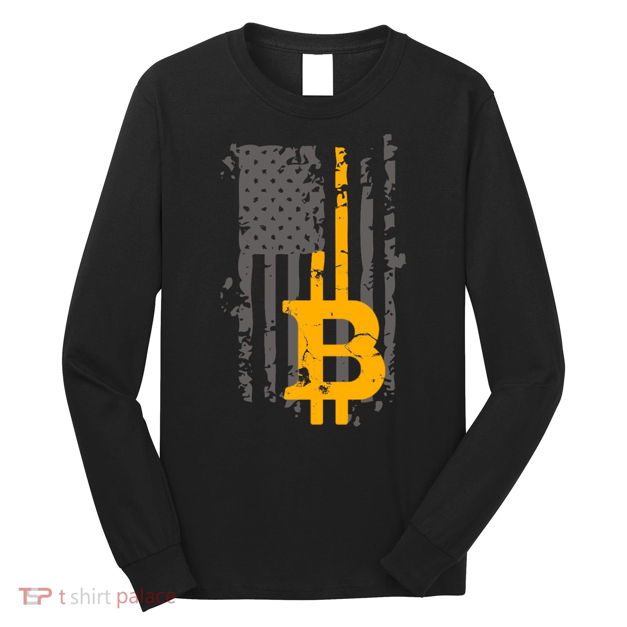 Bitcoin Crypto American Flag Gold Thin Line Long Sleeve Shirt