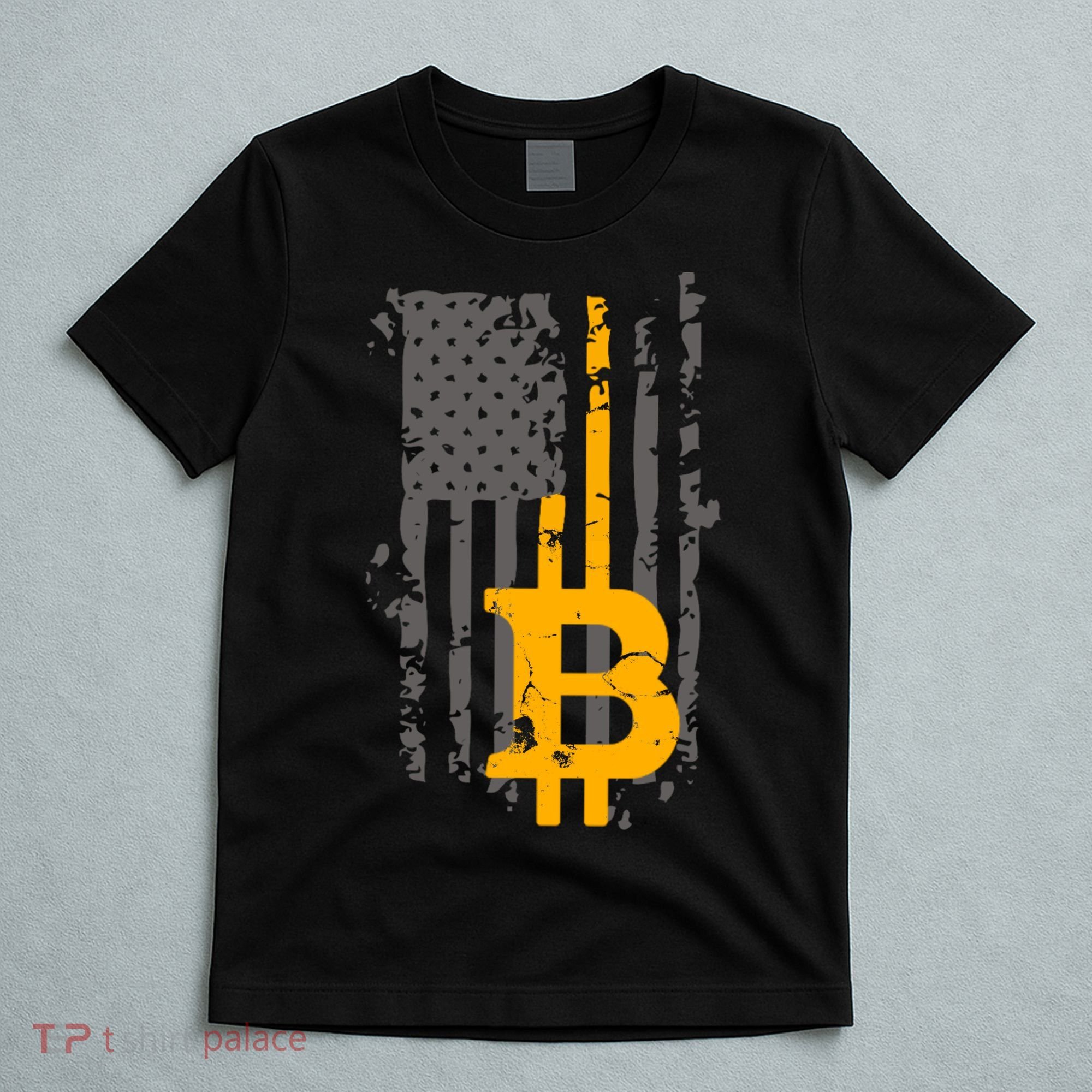 Bitcoin Crypto American Flag Gold Thin Line T-Shirt