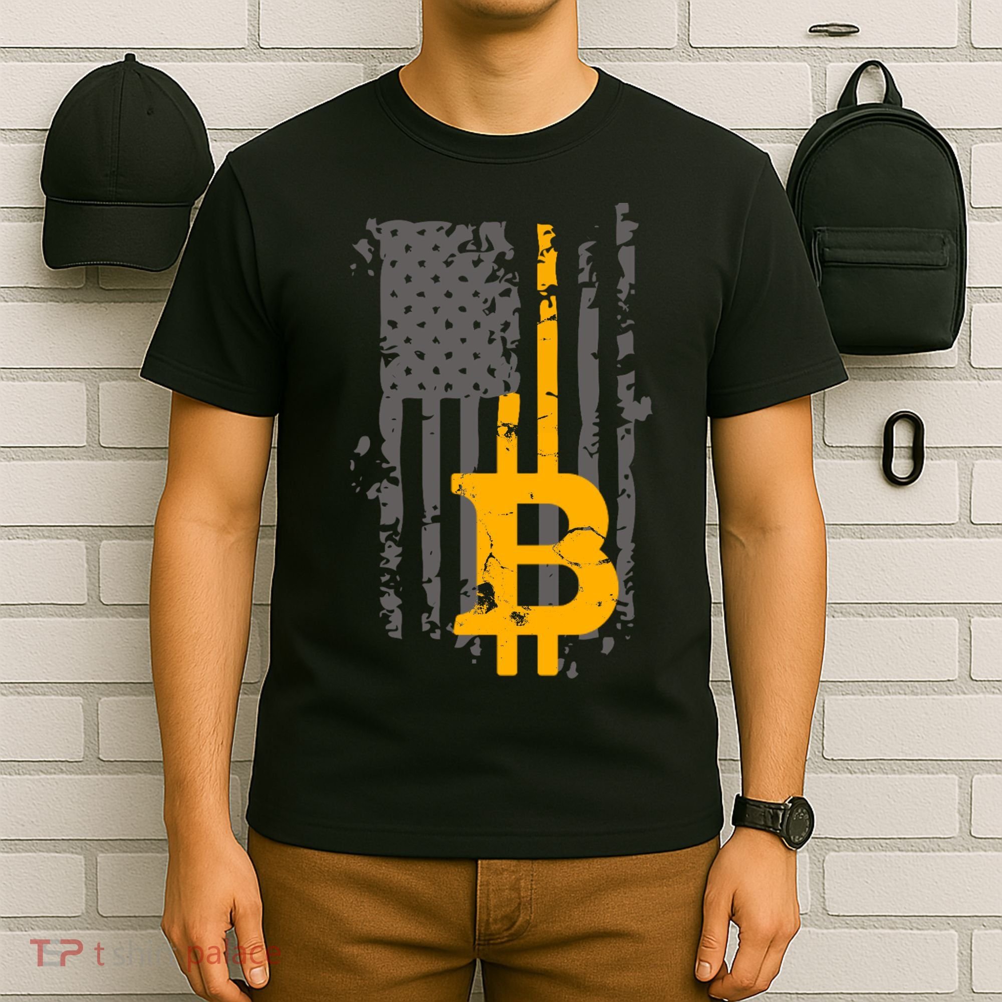 Bitcoin Crypto American Flag Gold Thin Line T-Shirt
