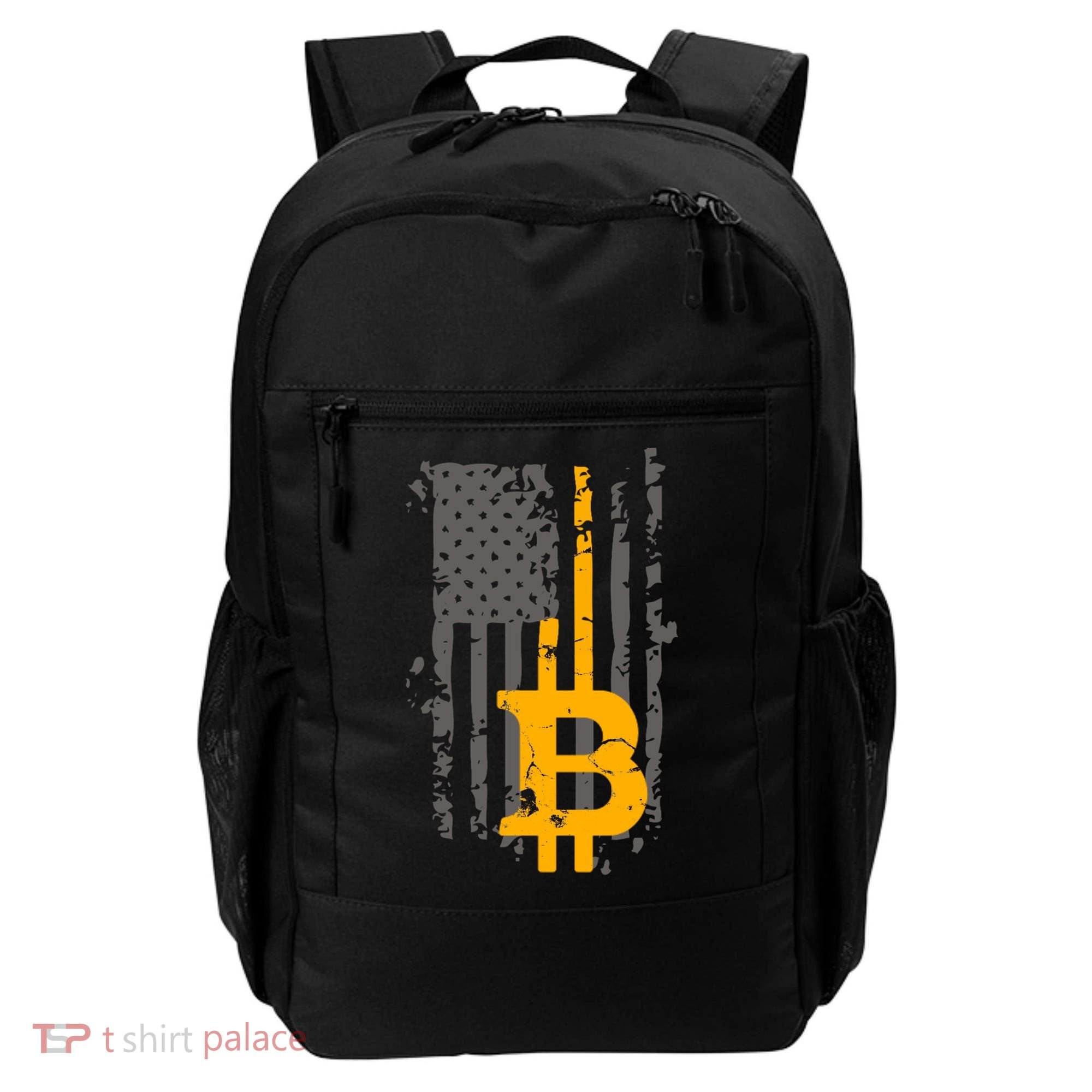 Bitcoin Crypto American Flag Gold Thin Line Backpack