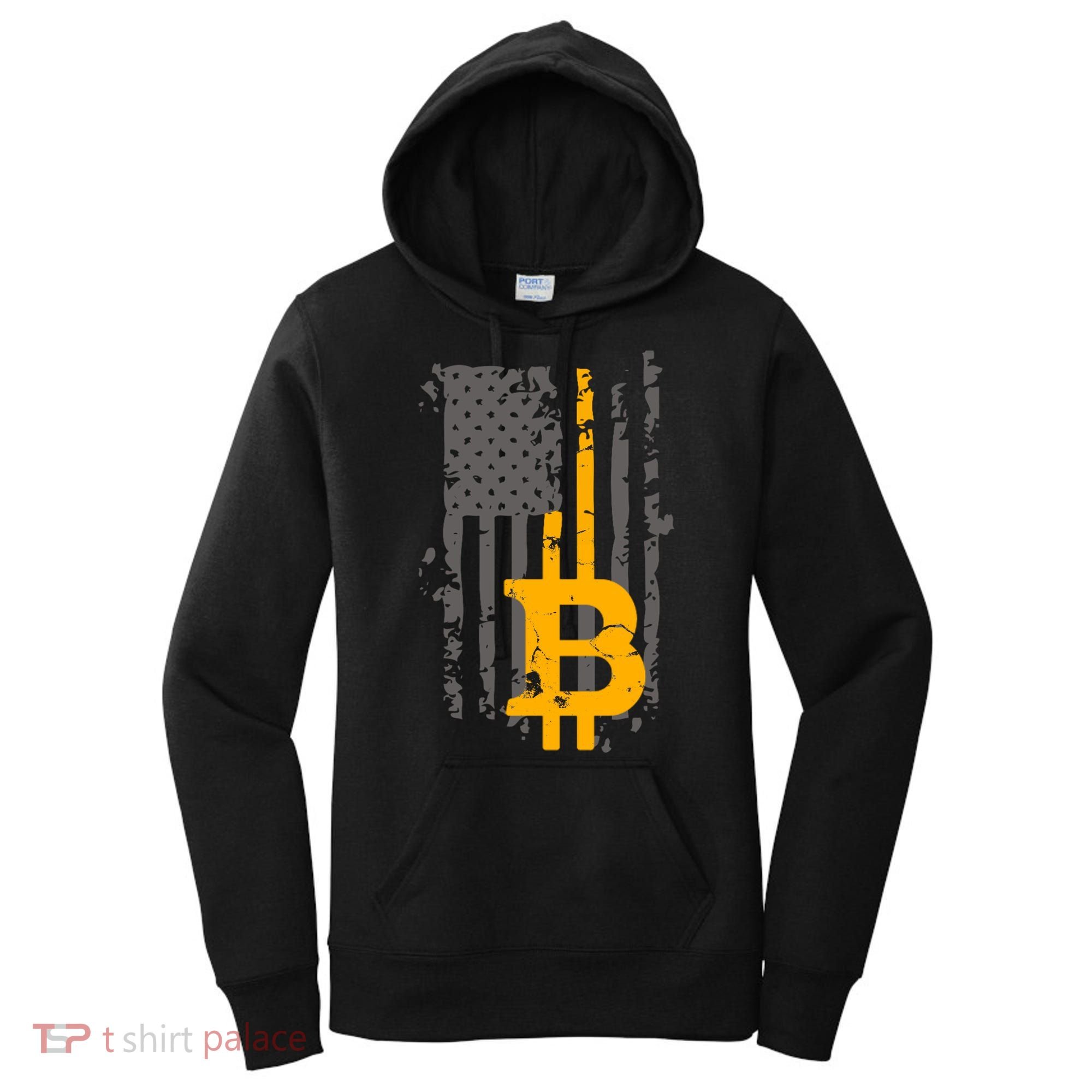 Bitcoin Crypto American Flag Gold Thin Line Women's Hoodie