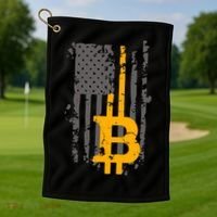 Bitcoin Crypto American Flag Gold Thin Line Golf Towel thumb 1