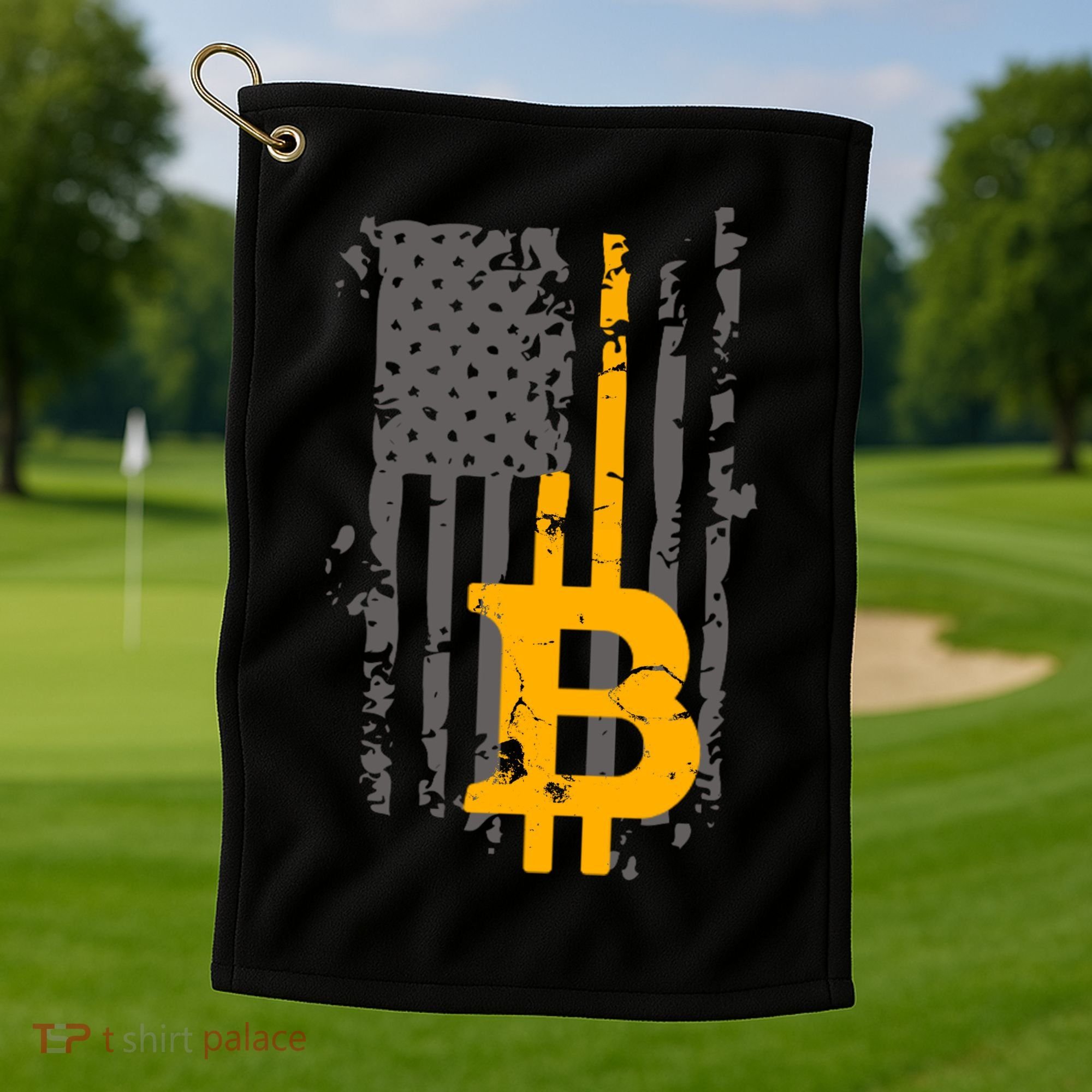 Bitcoin Crypto American Flag Gold Thin Line Golf Towel