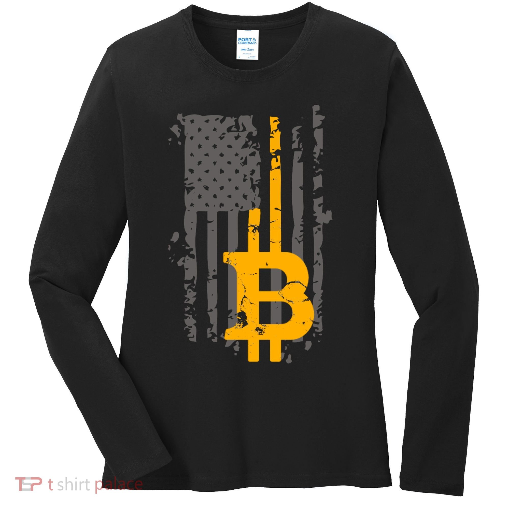 Bitcoin Crypto American Flag Gold Thin Line Women's Long Sleeve Shirt