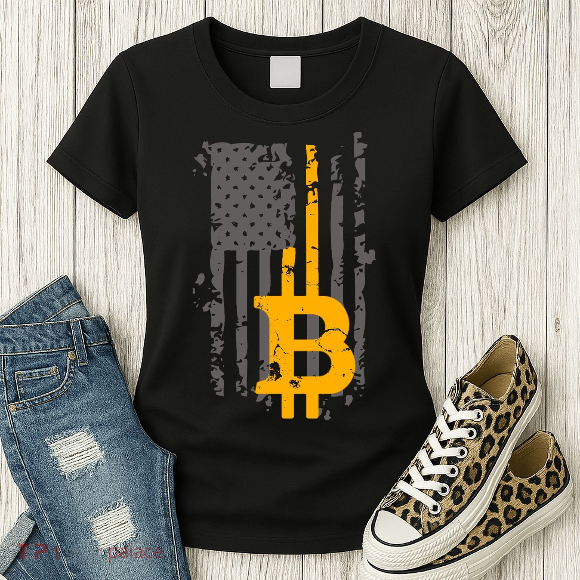 Bitcoin Crypto American Flag Gold Thin Line Women's T-Shirt