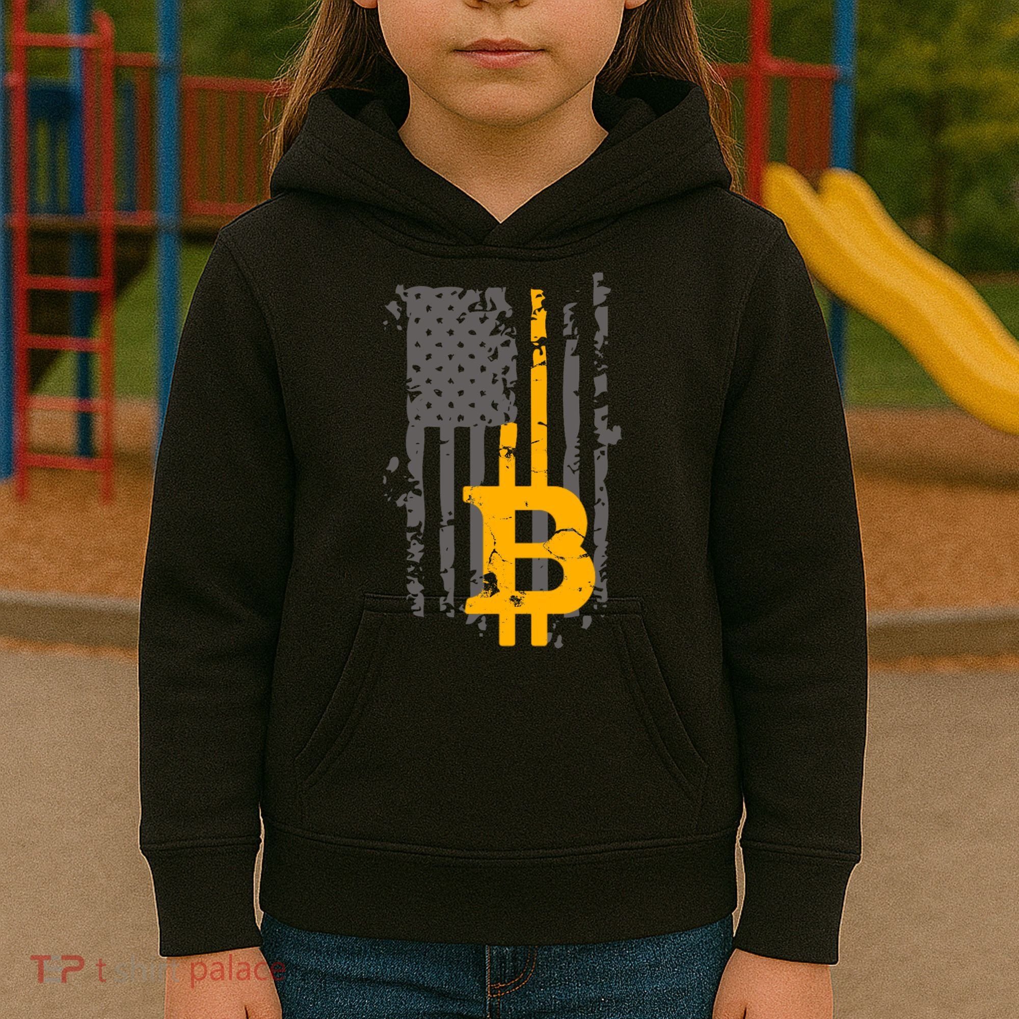 Bitcoin Crypto American Flag Gold Thin Line Kids Hoodie
