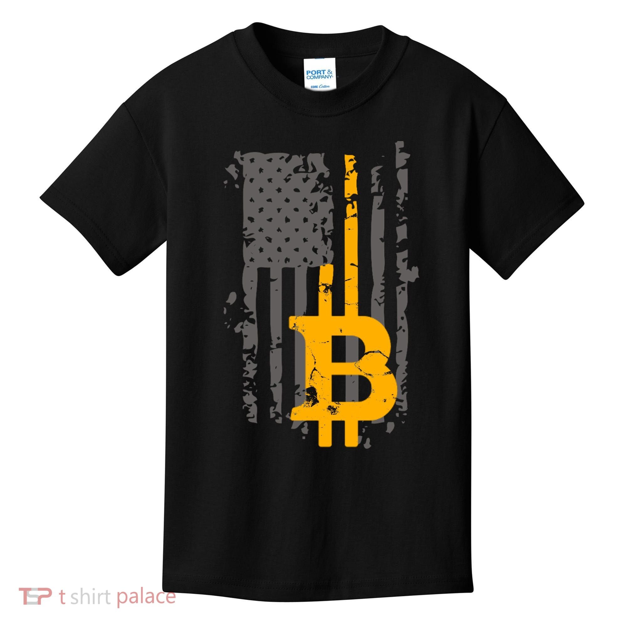 Bitcoin Crypto American Flag Gold Thin Line Kids T-Shirt