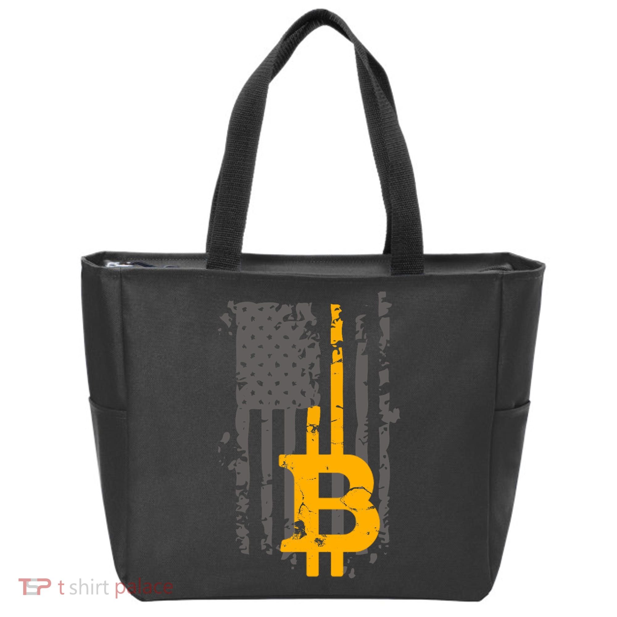 Bitcoin Crypto American Flag Gold Thin Line Tote Bag