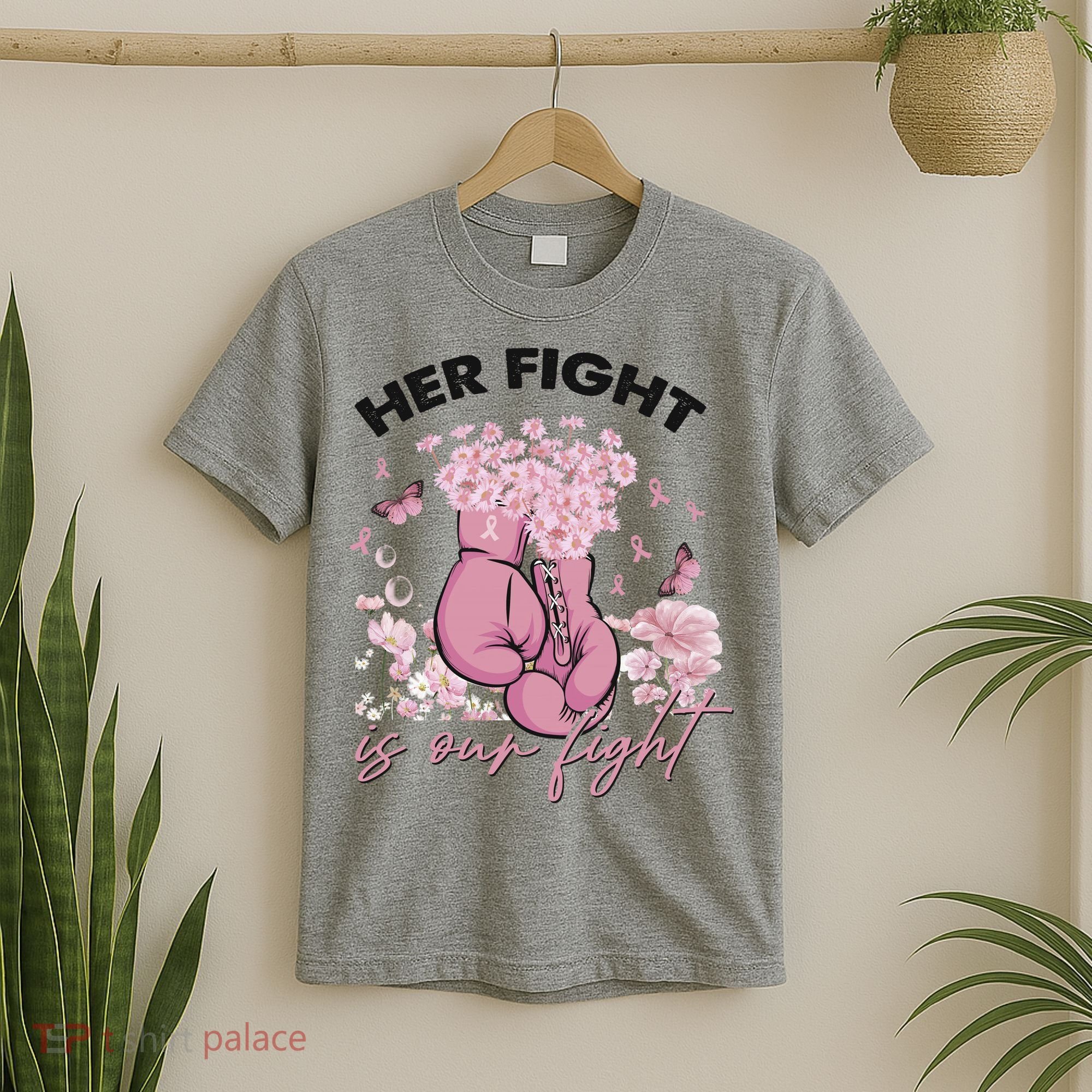Breast Cancer Awareness Her Fight Is Our Fight Pink Ribbon Boxing Gloves T-Shirt