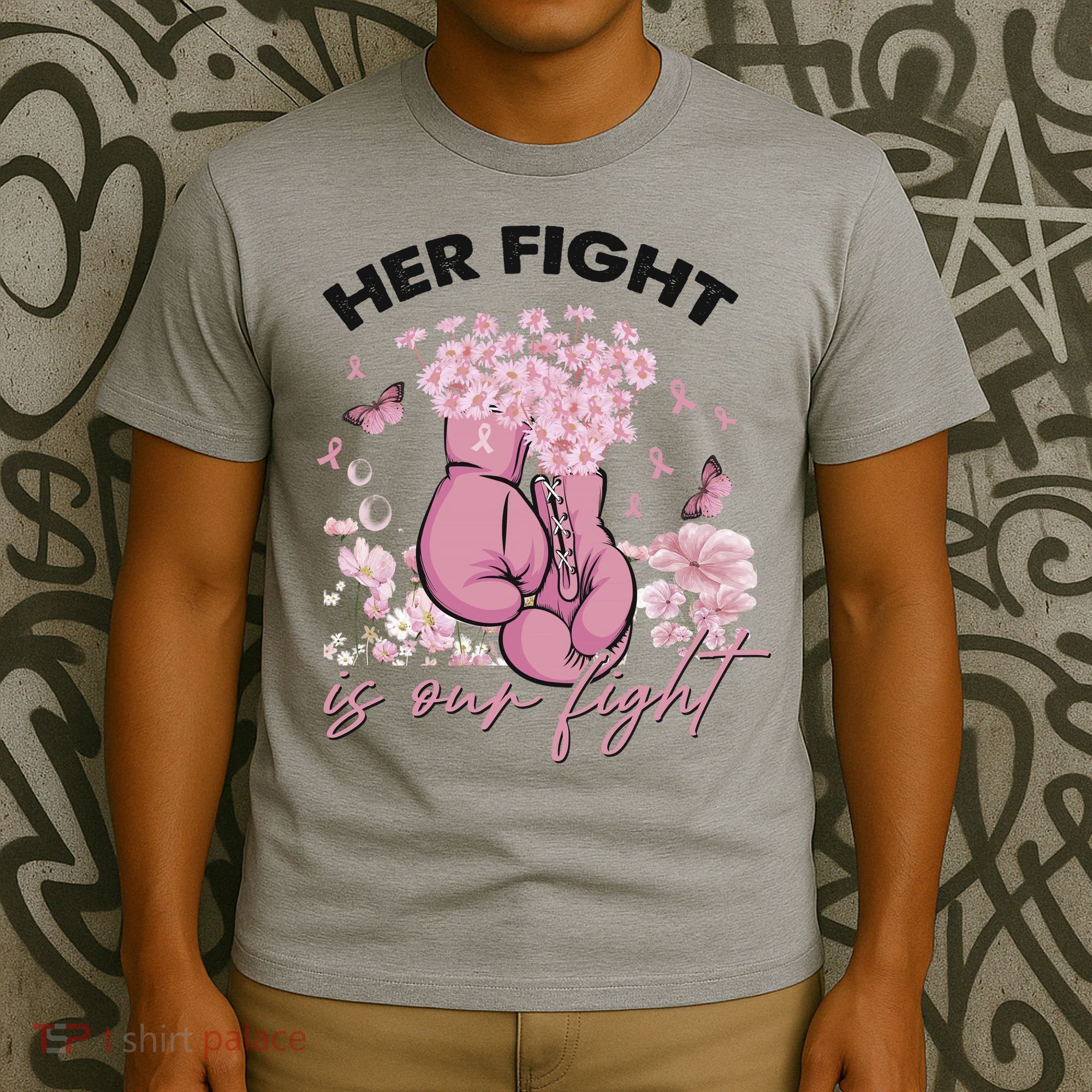 Breast Cancer Awareness Her Fight Is Our Fight Pink Ribbon Boxing Gloves T-Shirt