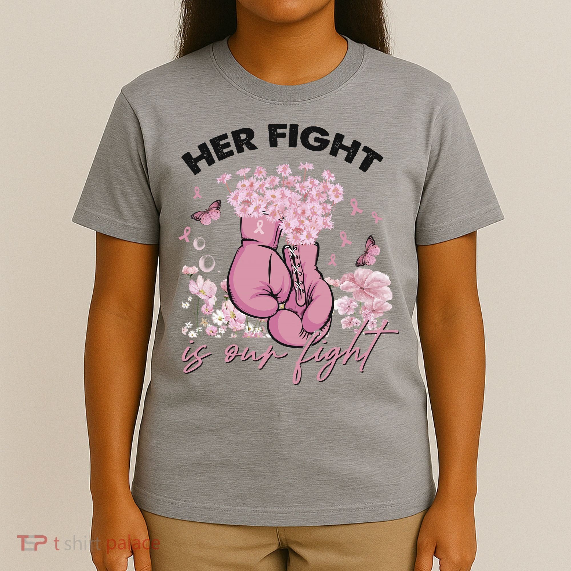 Breast Cancer Awareness Her Fight Is Our Fight Pink Ribbon Boxing Gloves T-Shirt
