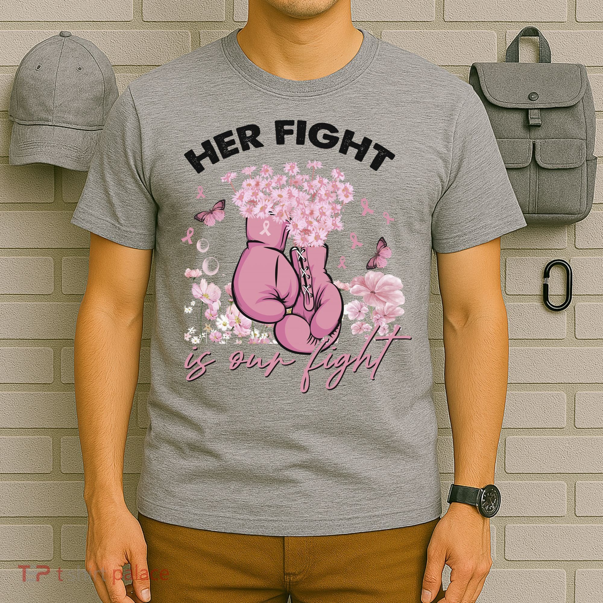 Breast Cancer Awareness Her Fight Is Our Fight Pink Ribbon Boxing Gloves T-Shirt