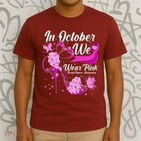 Breast Cancer Awareness In October We Wear Pink Flower High Heels T-Shirt thumb 3