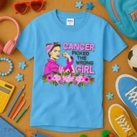 Breast Cancer Awareness Cancer Picked The Wrong Girl Warrior Kids T-Shirt thumb 3