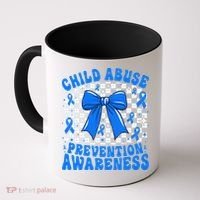 Blue Coquette Bow Child Abuse Awareness Ribbon Checkered Coffee Mug thumb 0