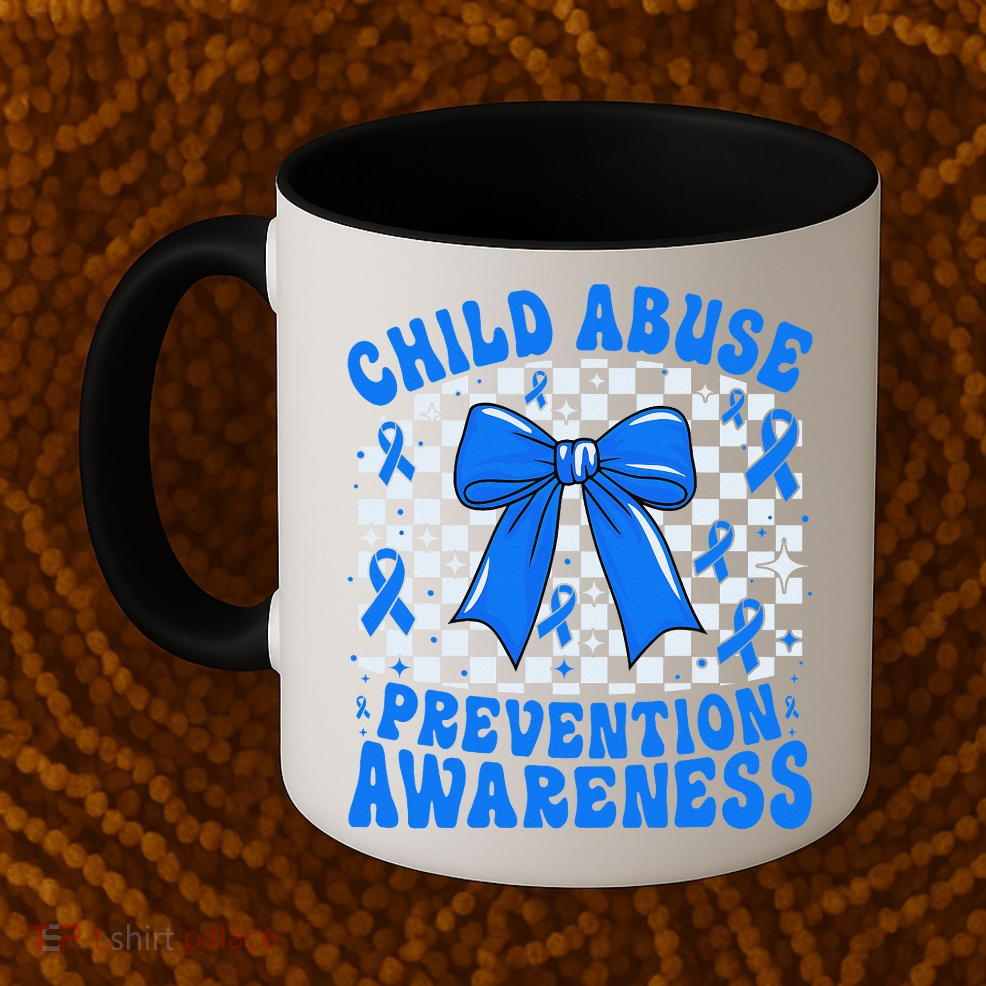 Blue Coquette Bow Child Abuse Awareness Ribbon Checkered Coffee Mug