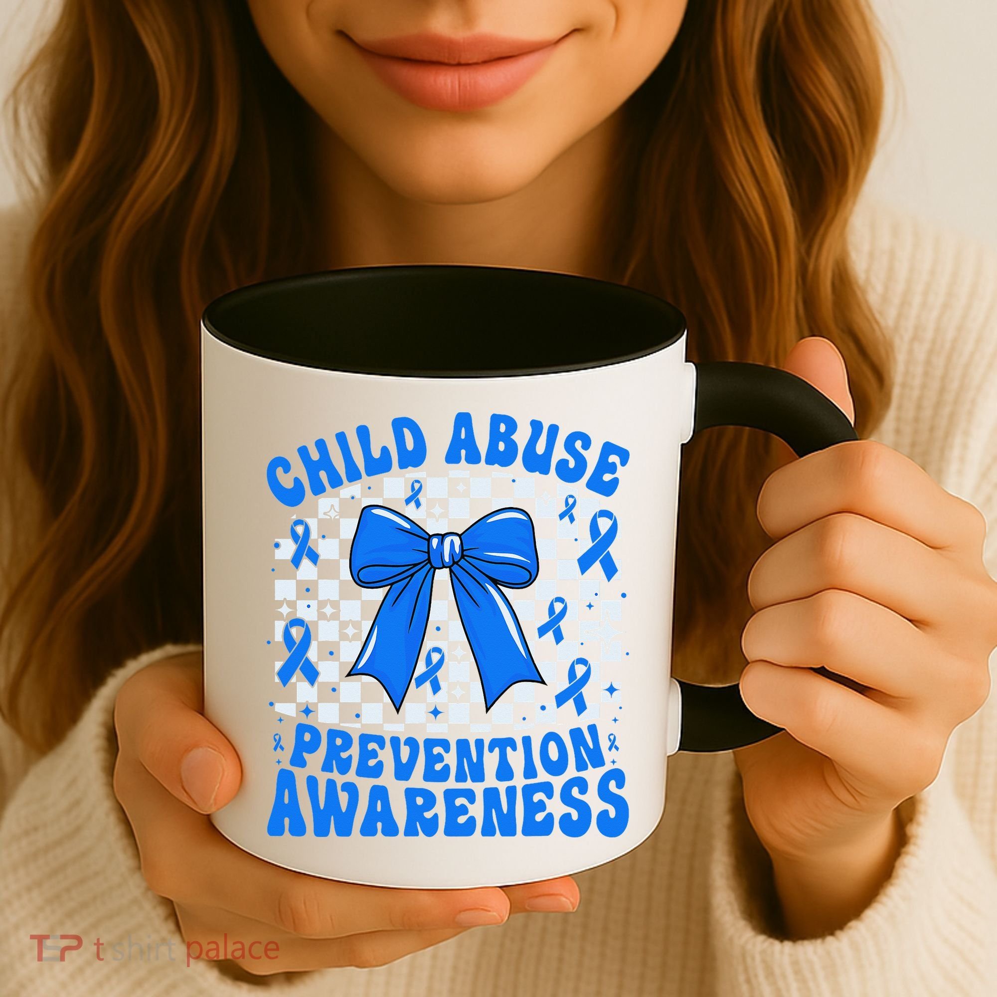 Blue Coquette Bow Child Abuse Awareness Ribbon Checkered Coffee Mug