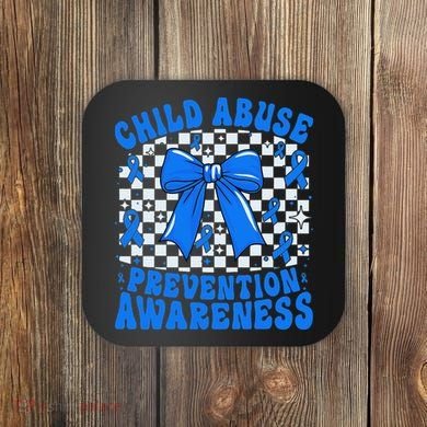 Blue Coquette Bow Child Abuse Awareness Ribbon Checkered Coaster