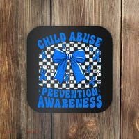 Blue Coquette Bow Child Abuse Awareness Ribbon Checkered Coaster thumb 0