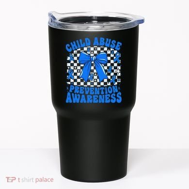 Blue Coquette Bow Child Abuse Awareness Ribbon Checkered Tumbler