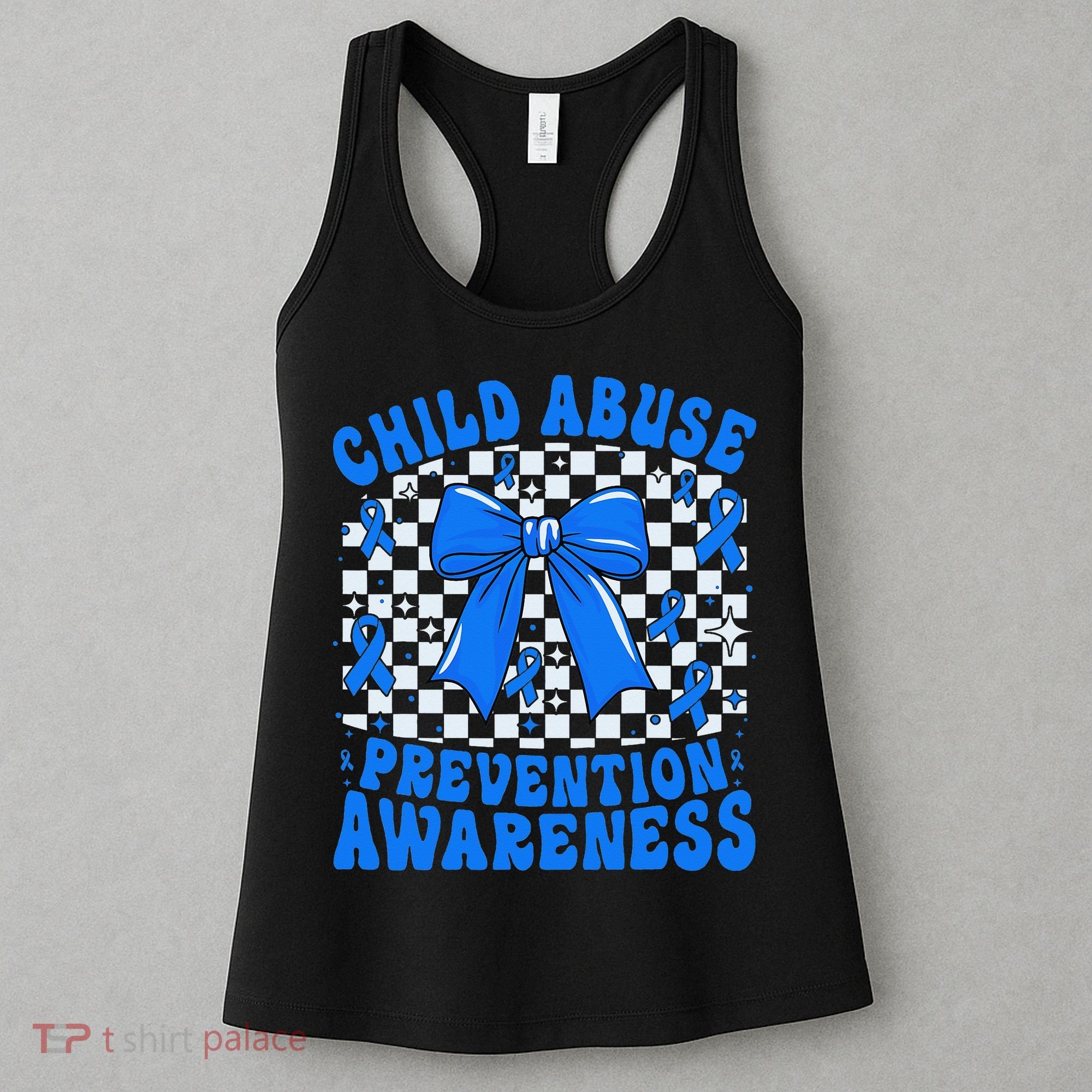 Blue Coquette Bow Child Abuse Awareness Ribbon Checkered Women's Tank Top