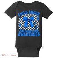 Blue Coquette Bow Child Abuse Awareness Ribbon Checkered Baby Bodysuit thumb 0