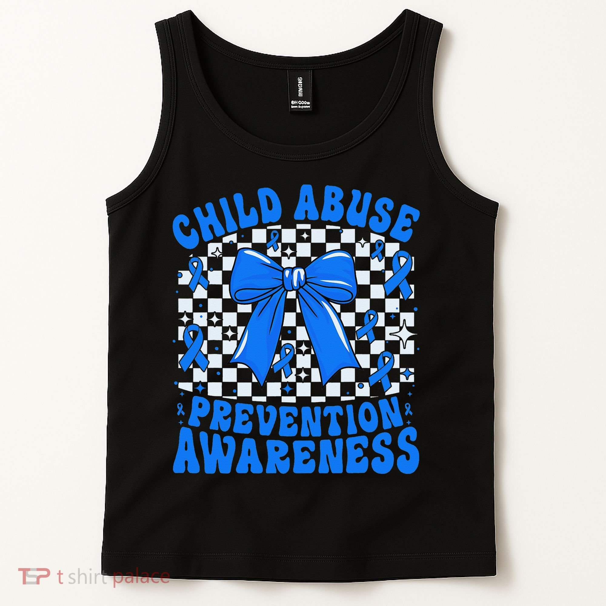 Blue Coquette Bow Child Abuse Awareness Ribbon Checkered Tank Top