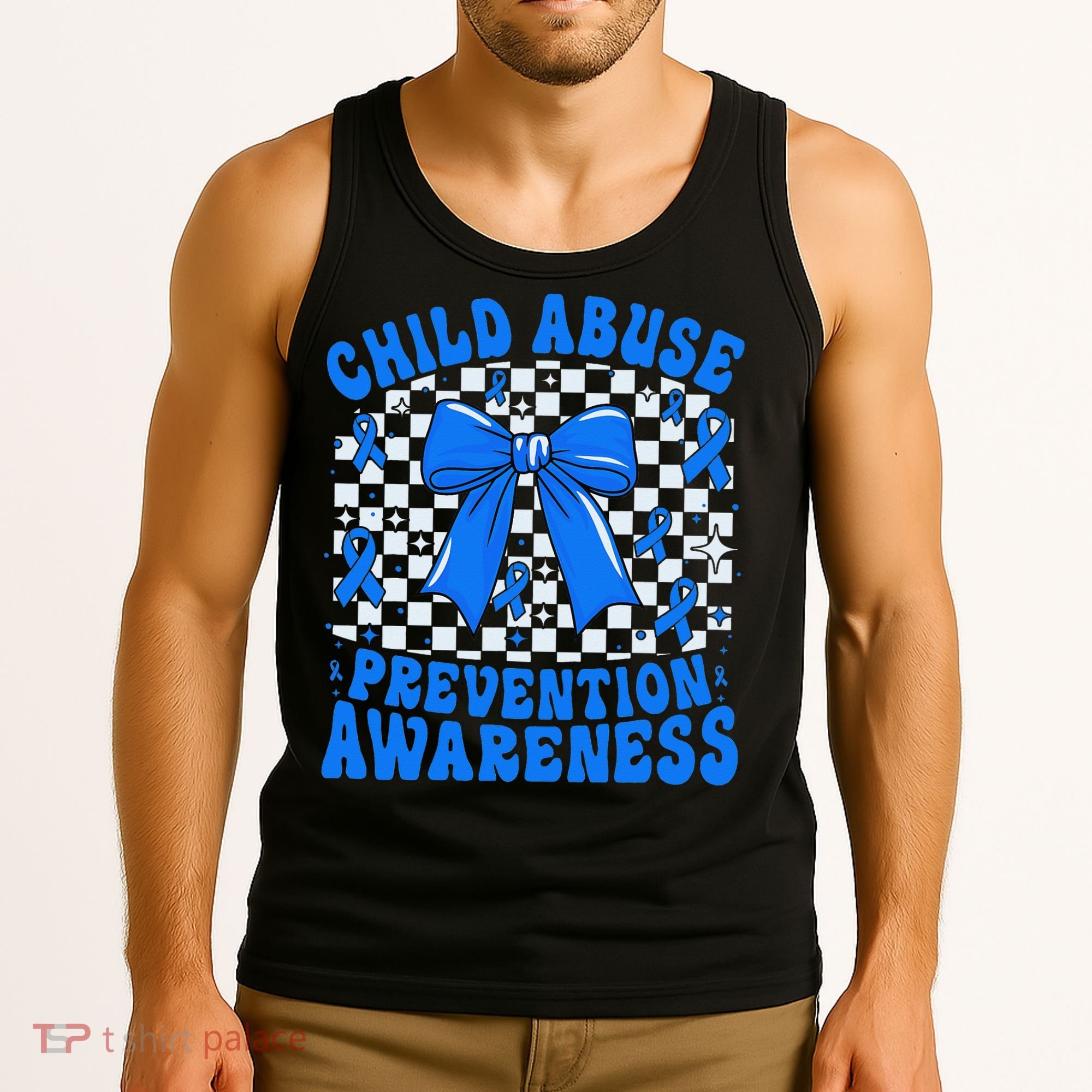 Blue Coquette Bow Child Abuse Awareness Ribbon Checkered Tank Top