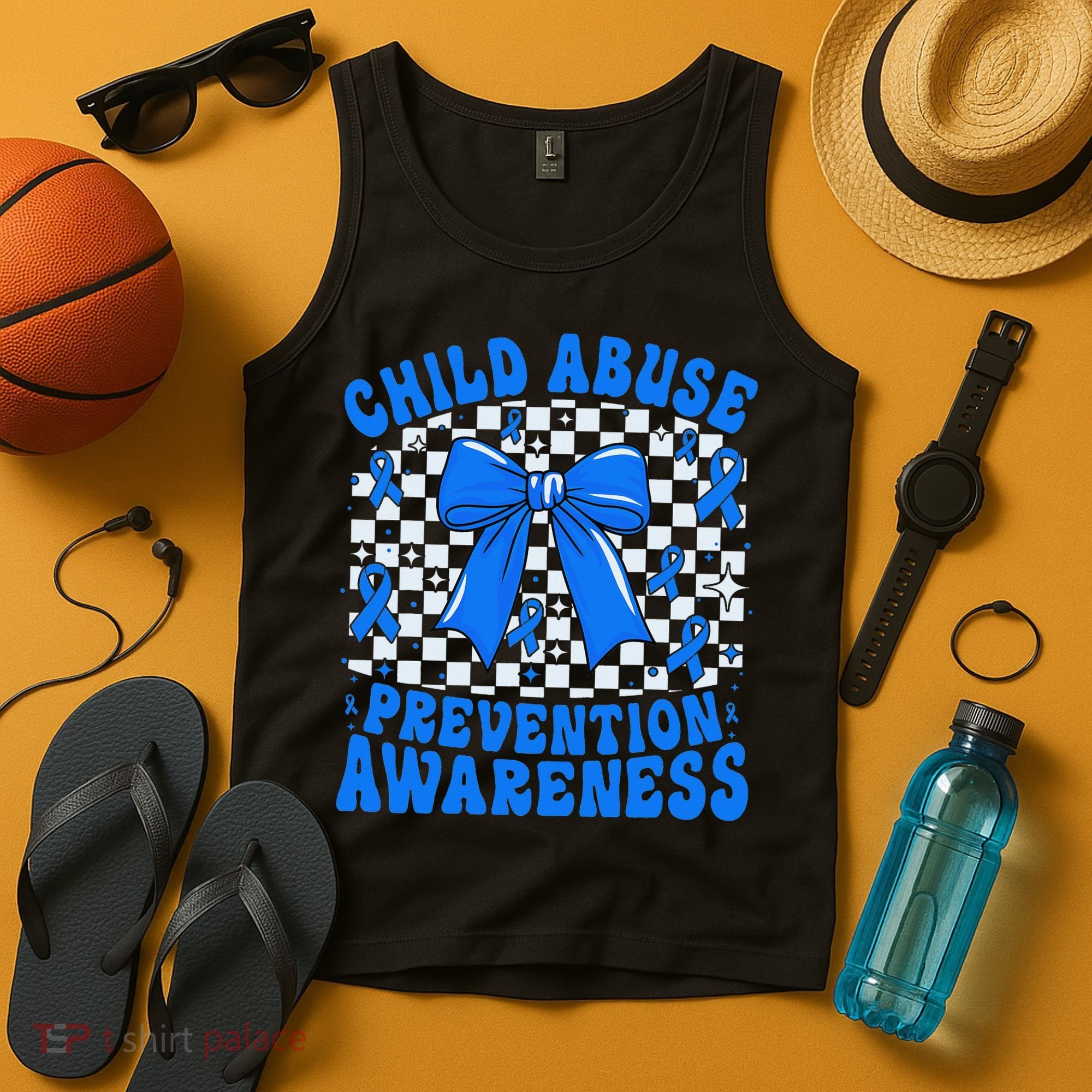 Blue Coquette Bow Child Abuse Awareness Ribbon Checkered Tank Top