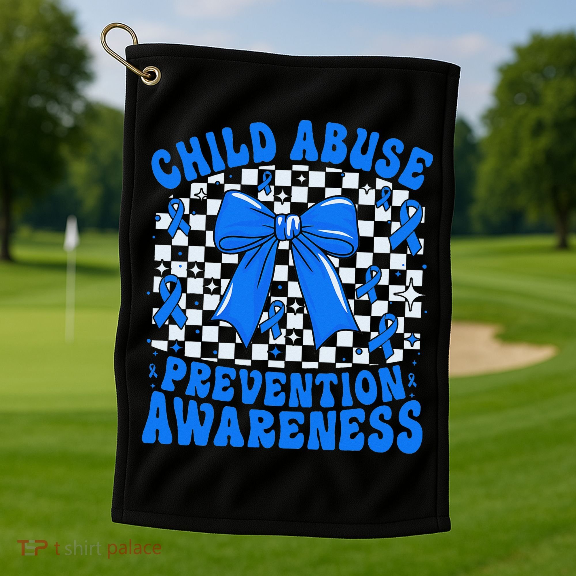Blue Coquette Bow Child Abuse Awareness Ribbon Checkered Golf Towel