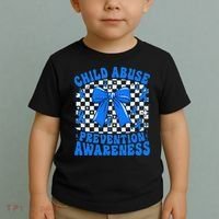 Blue Coquette Bow Child Abuse Awareness Ribbon Checkered Toddler T-Shirt thumb 2