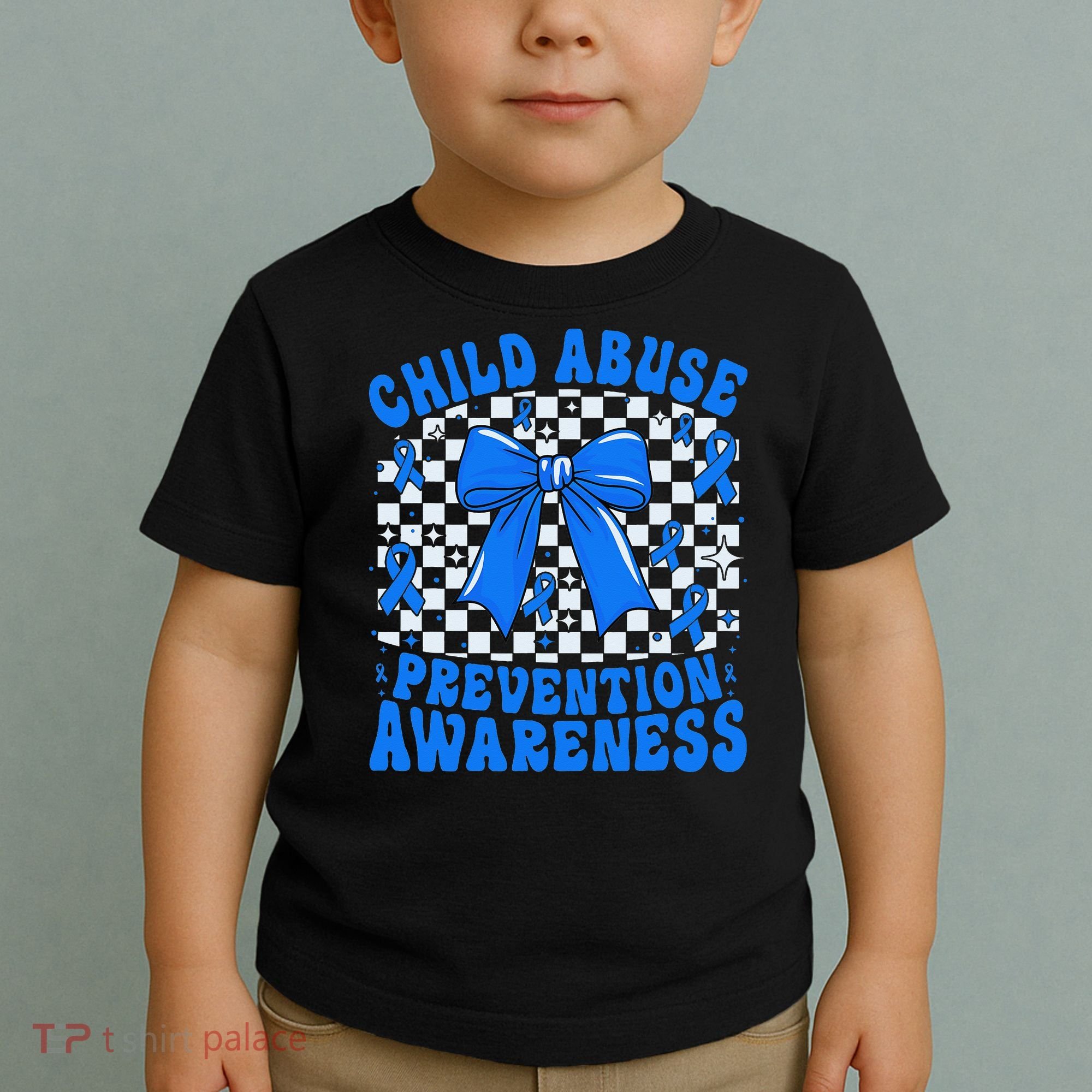 Blue Coquette Bow Child Abuse Awareness Ribbon Checkered Toddler T-Shirt