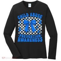 Blue Coquette Bow Child Abuse Awareness Ribbon Checkered Women's Long Sleeve Shirt thumb 0