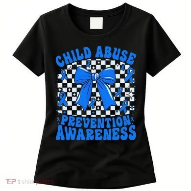 Blue Coquette Bow Child Abuse Awareness Ribbon Checkered Women's T-Shirt