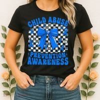 Blue Coquette Bow Child Abuse Awareness Ribbon Checkered Women's T-Shirt thumb 2