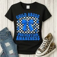 Blue Coquette Bow Child Abuse Awareness Ribbon Checkered Women's T-Shirt thumb 3