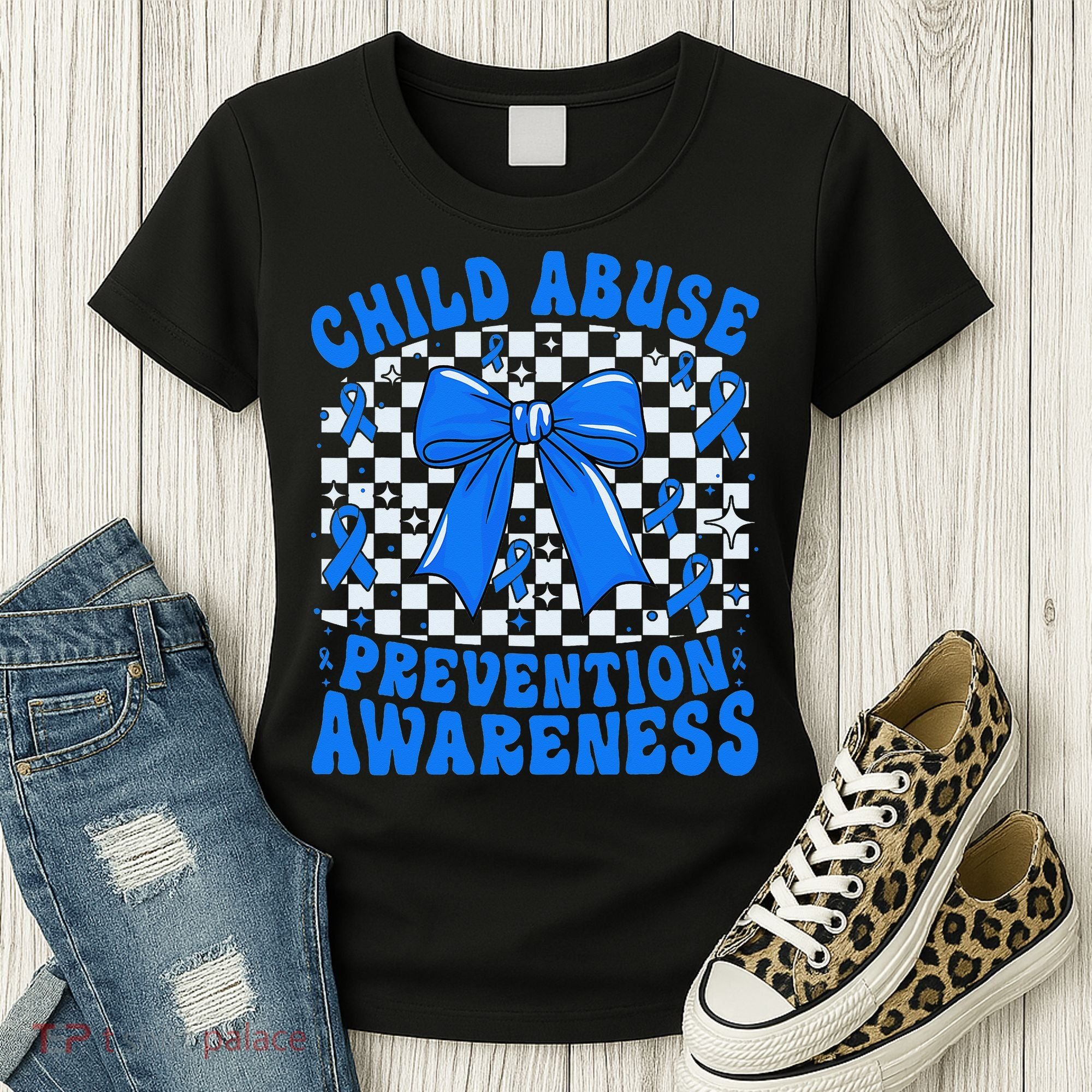 Blue Coquette Bow Child Abuse Awareness Ribbon Checkered Women's T-Shirt