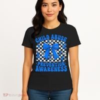 Blue Coquette Bow Child Abuse Awareness Ribbon Checkered Women's T-Shirt thumb 4