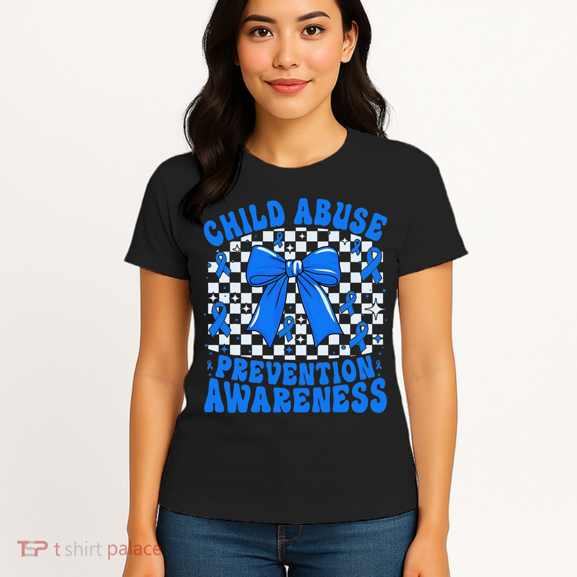Blue Coquette Bow Child Abuse Awareness Ribbon Checkered Women's T-Shirt