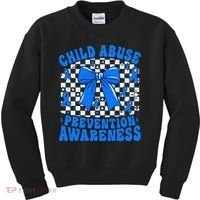 Blue Coquette Bow Child Abuse Awareness Ribbon Checkered Kids Sweatshirt thumb 0