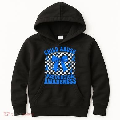 Blue Coquette Bow Child Abuse Awareness Ribbon Checkered Kids Hoodie