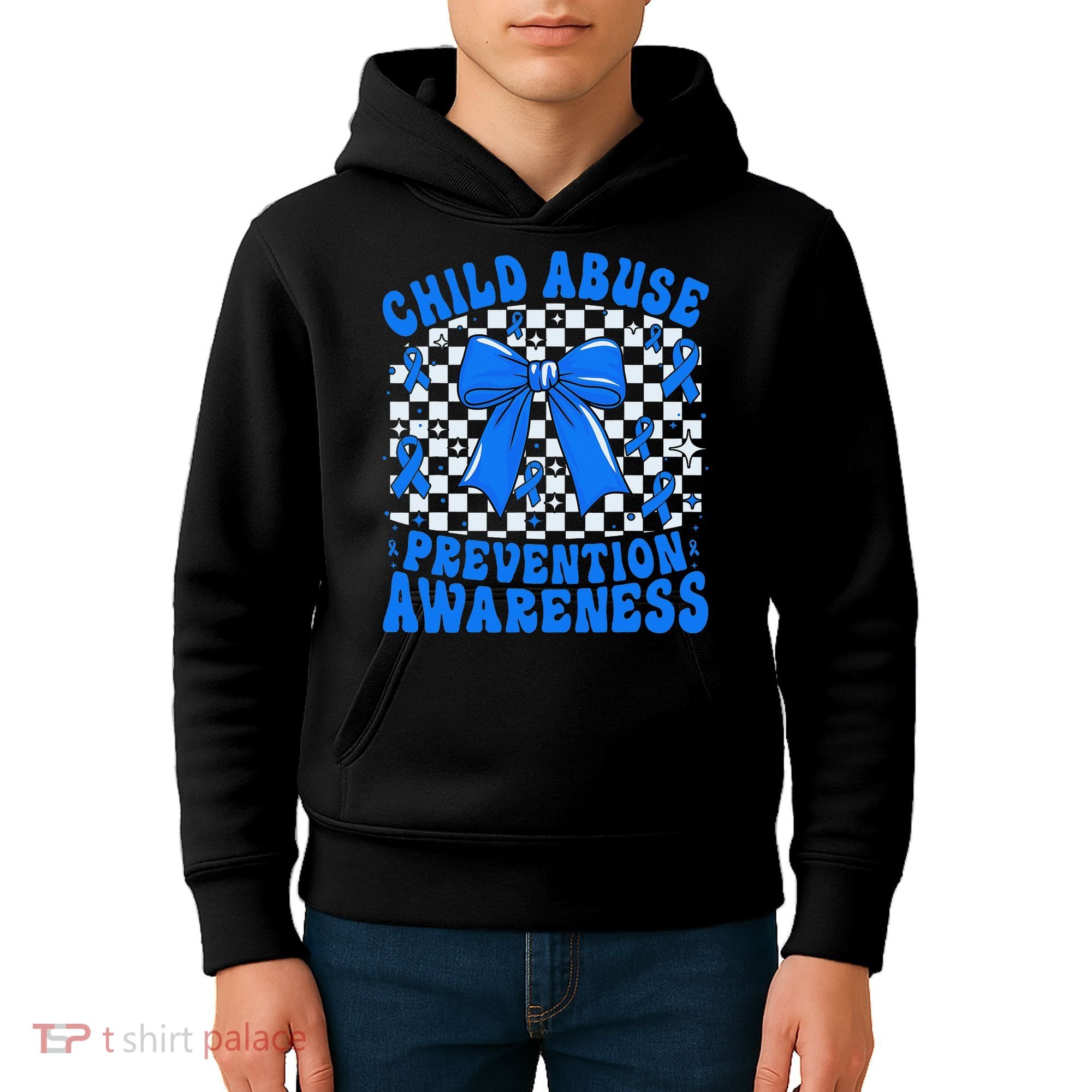 Blue Coquette Bow Child Abuse Awareness Ribbon Checkered Kids Hoodie